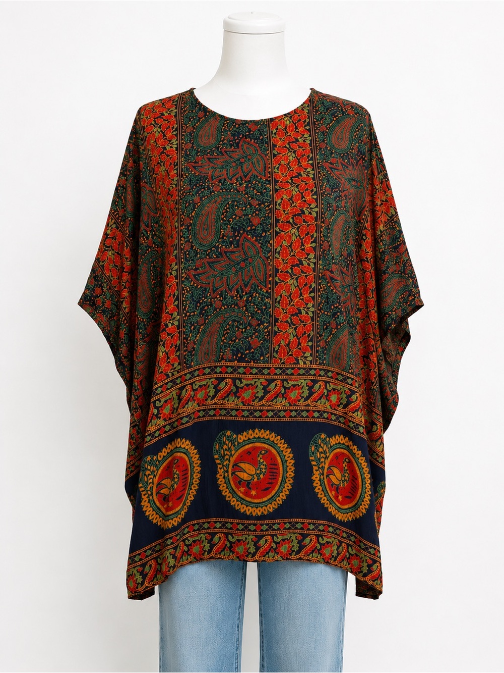 Royalty Boho Paisley Peacock Print Tunic Top L 100% Rayon Made in India
